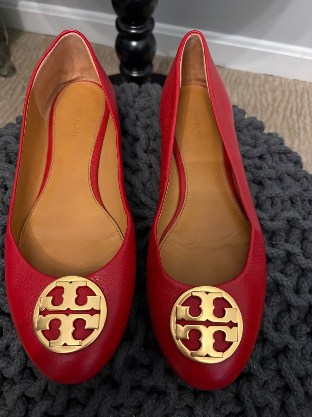 Tory Burch Red Leather Flats with Gold Logo Medallion